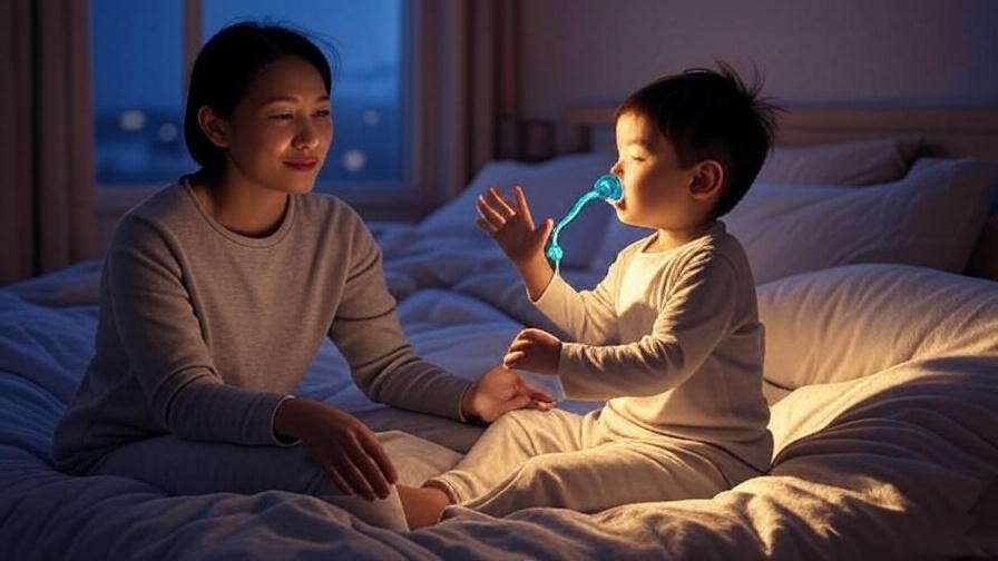 Single parent helping child with breathing exercise to reduce bedtime anxiety