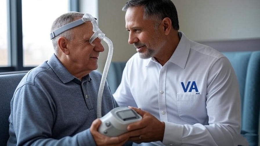 Veteran receiving CPAP machine from VA representative in a medical facility