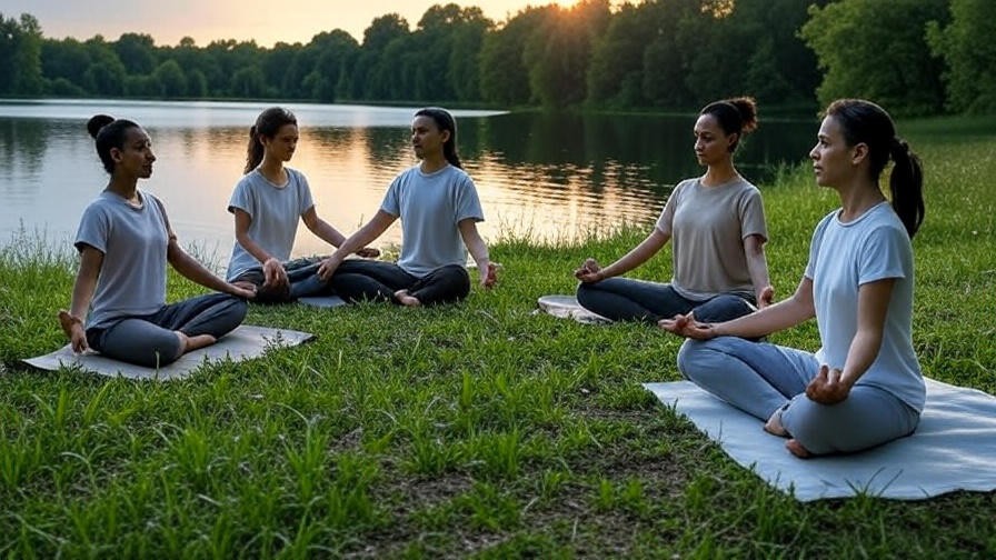 Five meditation poses by a lake, representing ACA daily meditation practices for calm.