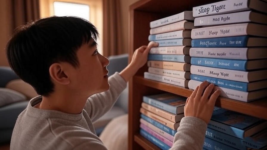 Person selecting a sleep tight book from a neat shelf.