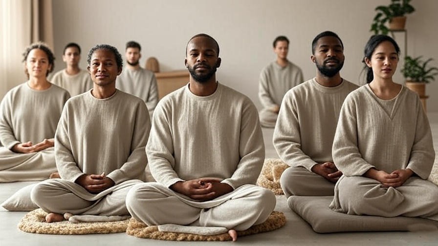 Group meditating in comfortable meditation clothing, reflecting community mindfulness experiences.