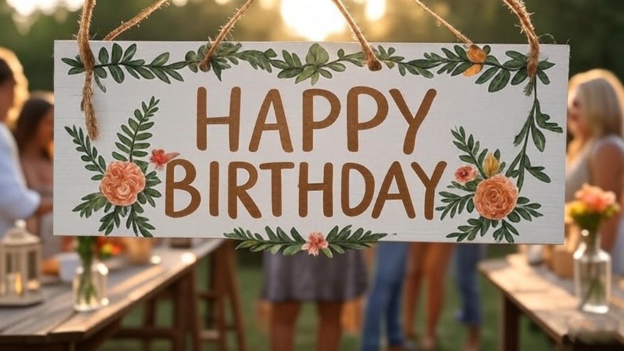 Boho-themed outdoor party with personalized happy birthday sign featuring nature motifs and rustic decor. 