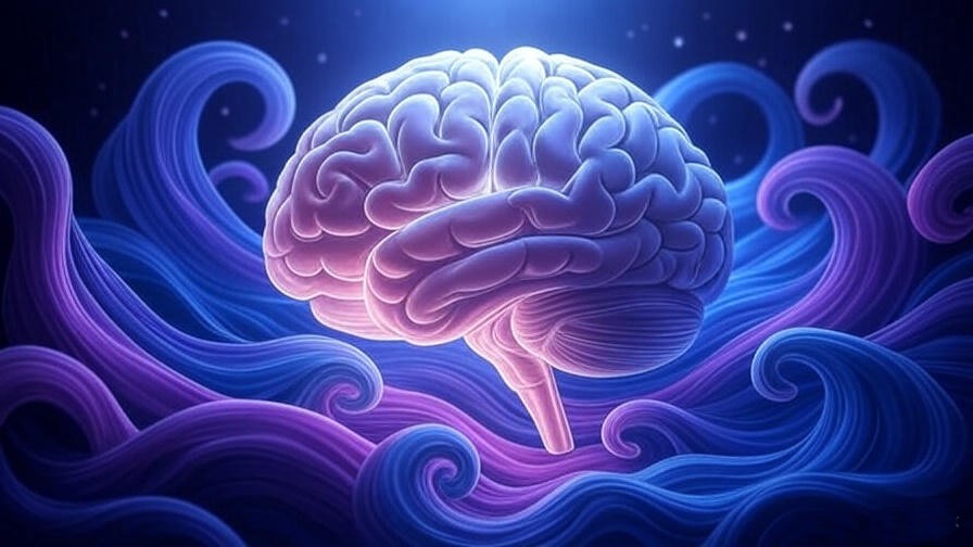 Illustration of a glowing brain with colorful dream waves representing REM sleep and emotional health.