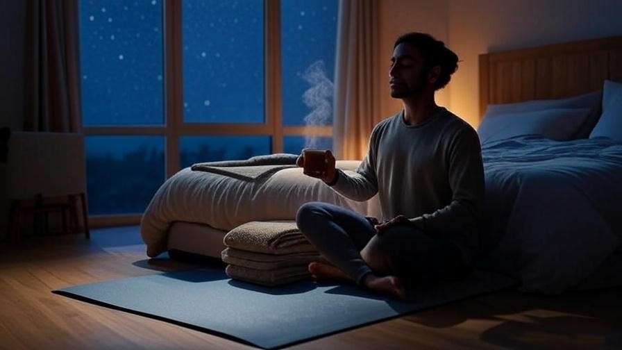 Person meditating with melatonin tea in a peaceful bedroom at night