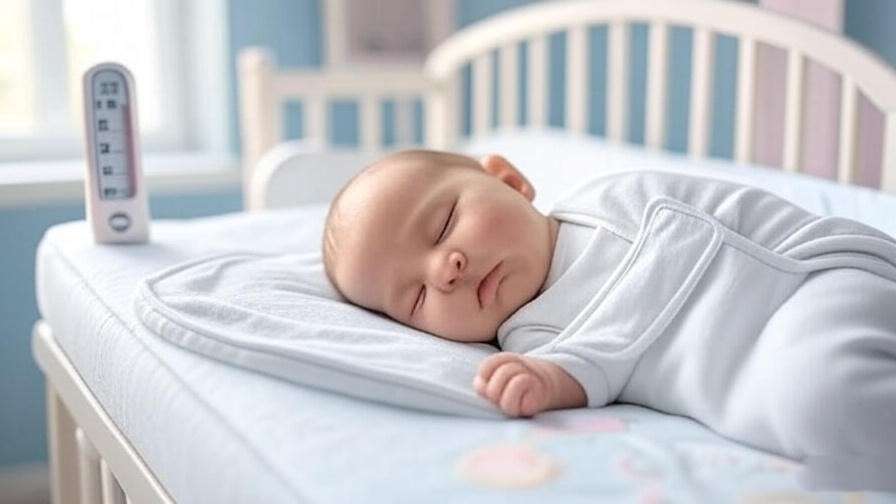 Baby sleeping safely in a 1.5 tog sleep sack with a room thermometer at 68-75°F.