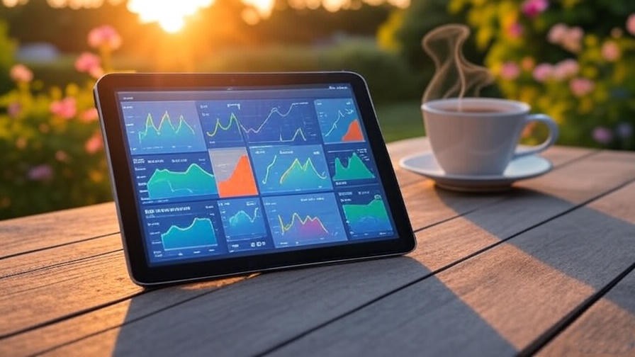 Analytics dashboard on tablet with garden backdrop and musical notes