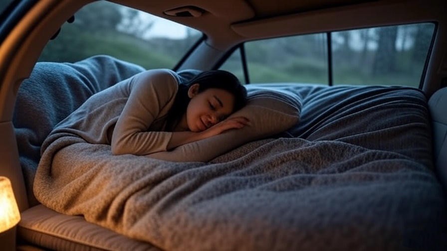 Cozy car interior with person sleeping on a pad and blanket for comfort.