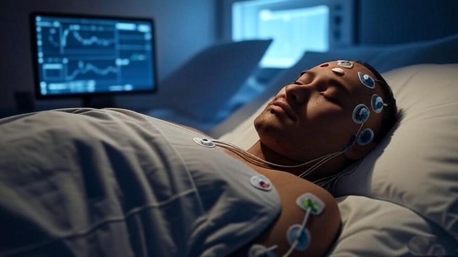 Polysomnography setup in a sleep lab showing electrodes and monitoring screen.