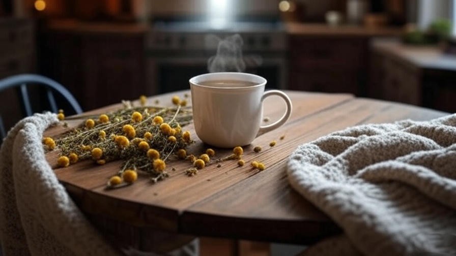 Steaming herbal tea on a table for soothing bedtime ritual.
