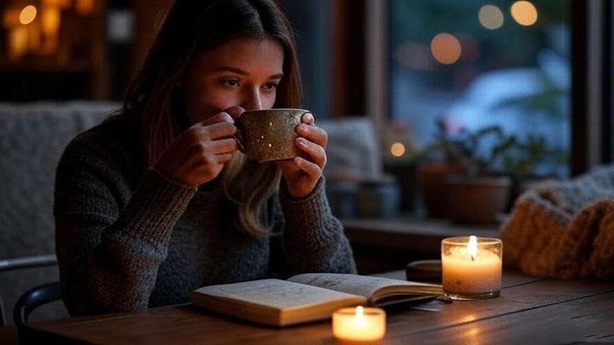 Evening ritual with herbal tea and journaling in Sleeping Village Chicago café style.