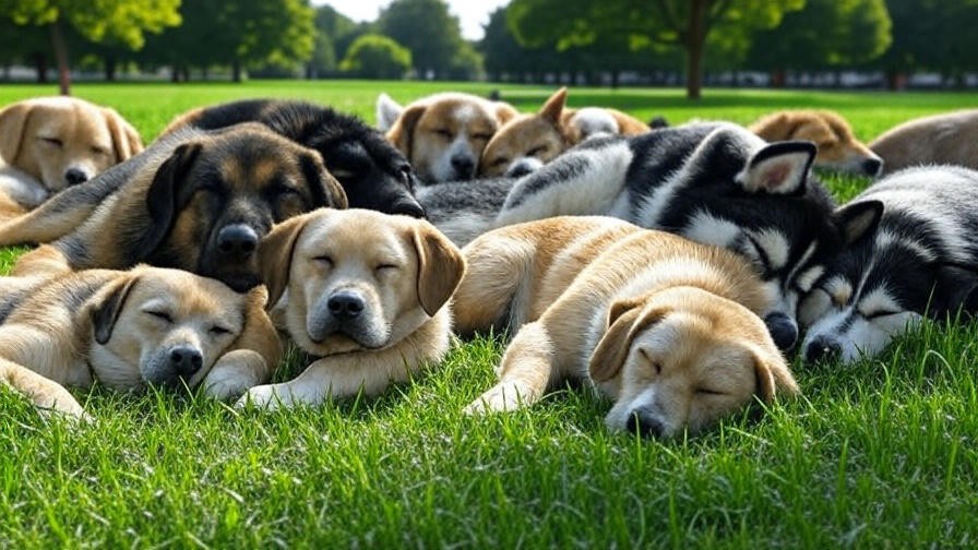 Various dog breeds sleeping with bums facing outward in a sunny park setting.