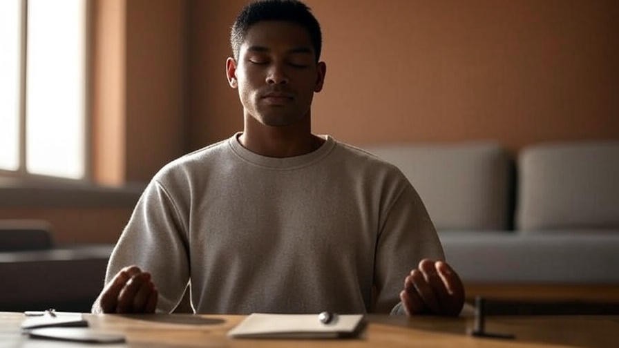 Person meditating peacefully with notebook and pen on a table