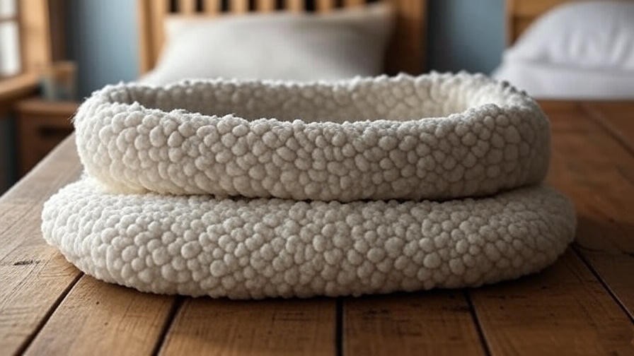 Close-up of a soft wool sleep sack on a wooden surface in a nursery setting