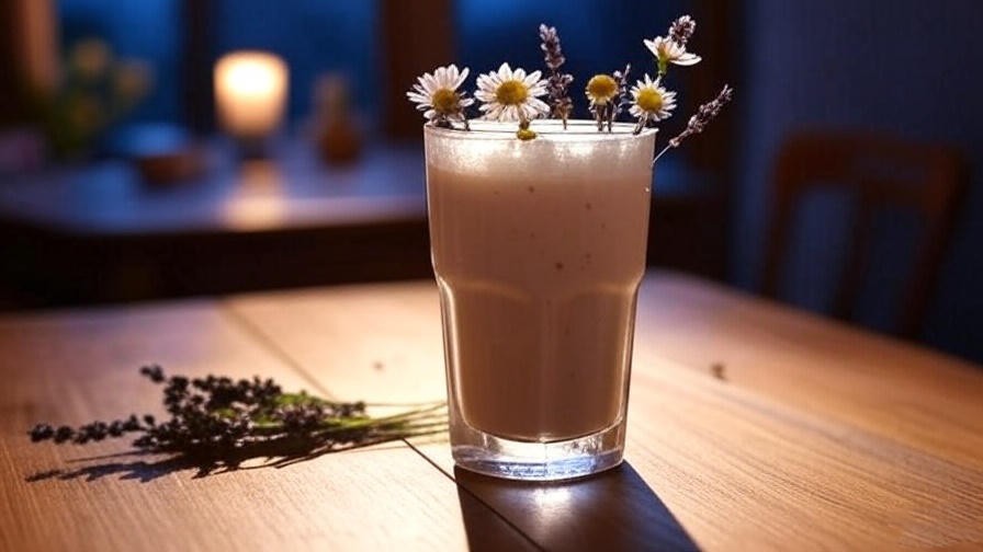 Close-up of a craft beverage from Living the Dream Brewery with chamomile and lavender on a wooden table.