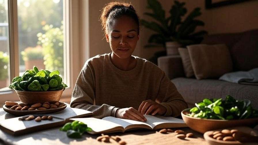 Person journaling with healthy foods and yoga mat for holistic sleep and wellness