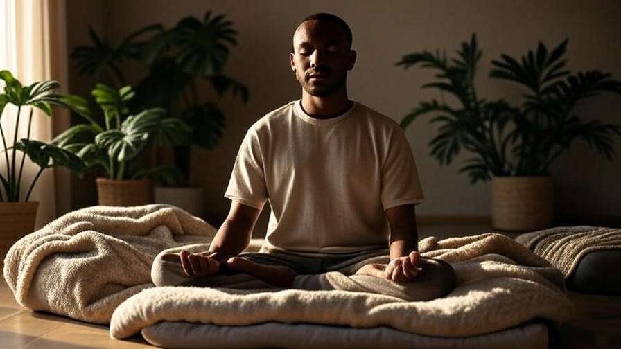 Tranquil indoor meditation setup with cushion, blanket, and soft lighting for a peaceful environment