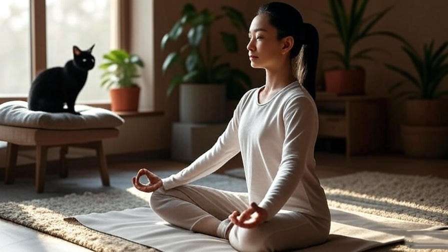 Person meditating with a cat nearby, demonstrating feline-inspired mindfulness practice.