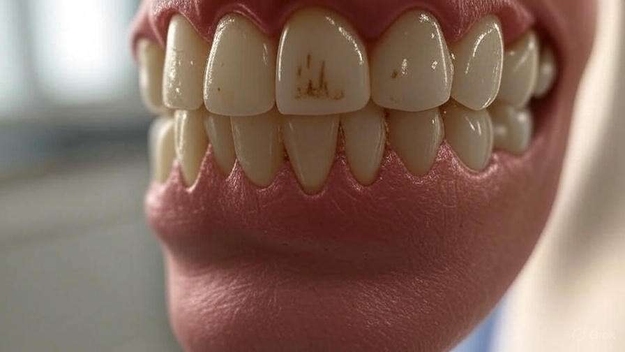 Close-up of teeth with wear from bruxism, highlighting dental damage.