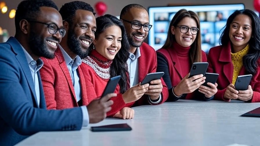 Diverse coworkers smiling during a virtual meeting, celebrating a birthday with digital devices.
