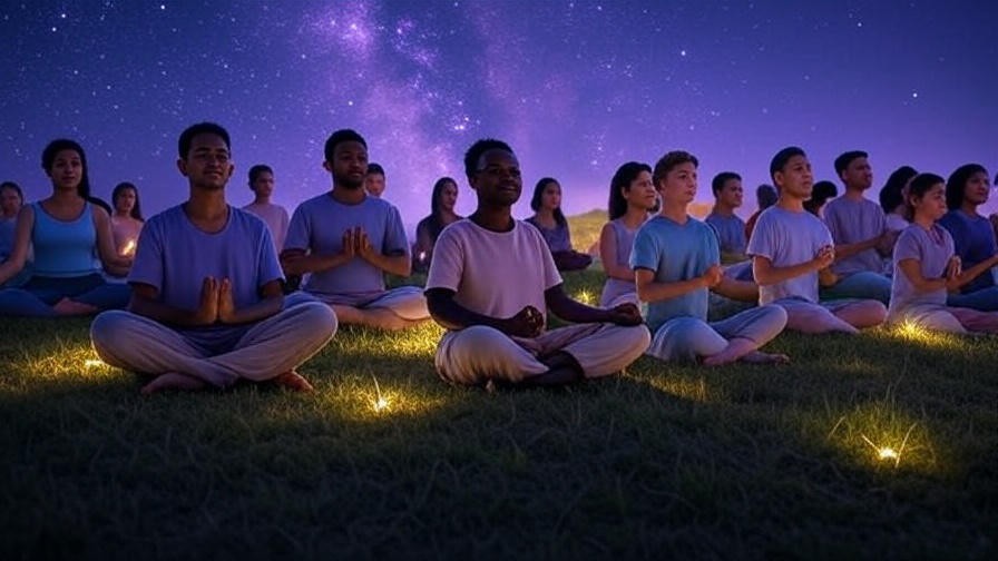 Diverse group meditating under starry sky for emotional healing in meditation.

