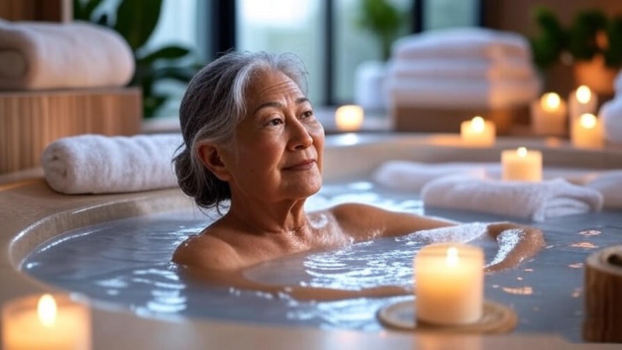 Older woman relaxing in a serene spa bath with candles for a birthday wellness treat.
