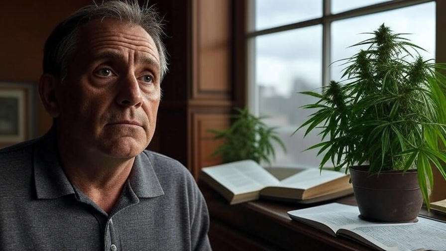 Person reflecting near a window with a cannabis plant and medical book, highlighting risks of weed and meditation.