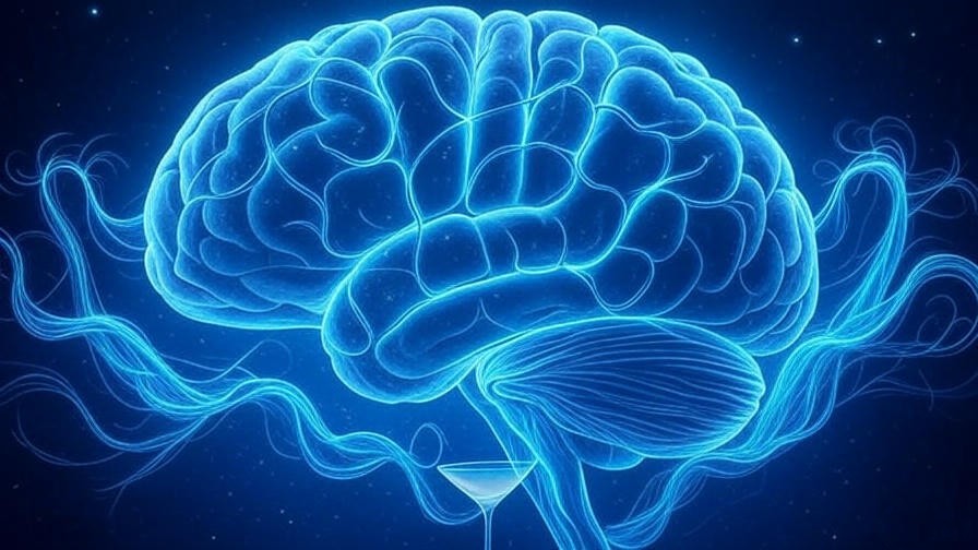 Abstract brain illustration with waves and a cocktail silhouette, representing the science of relaxation. 