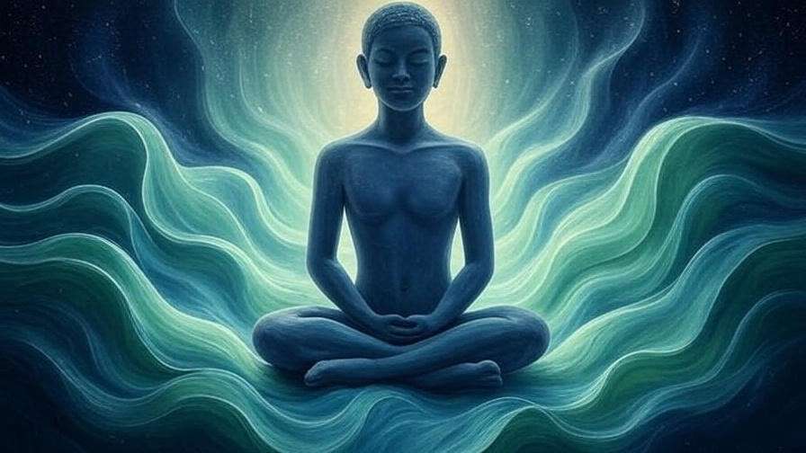Abstract brain waves and meditating figure symbolizing scripture meditation benefits.