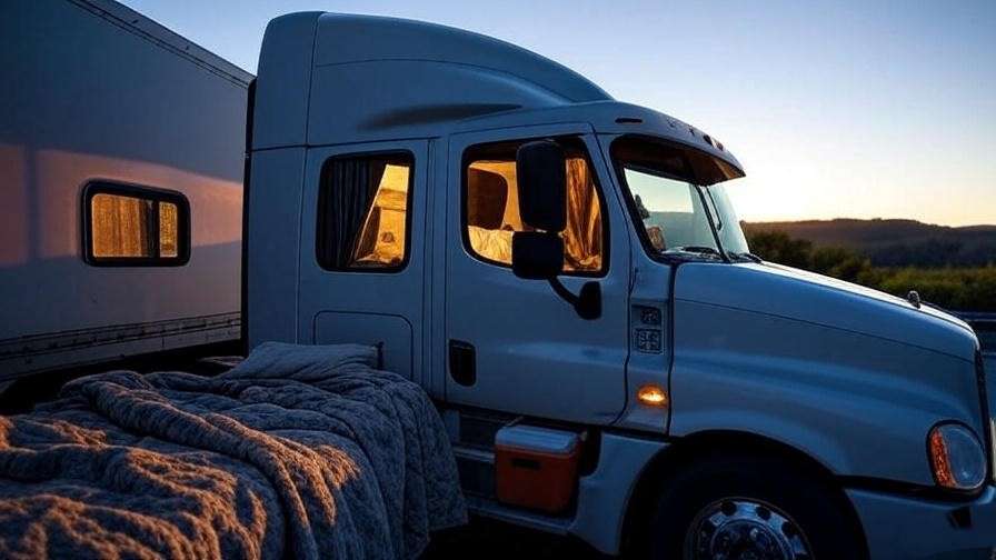 Driver relaxing in a Ford sleeper truck at rest stop with cozy bedding.