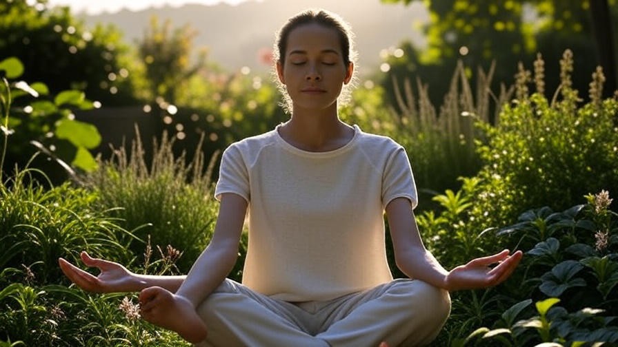 Person meditating in garden at sunrise for holistic well-being and dream healing