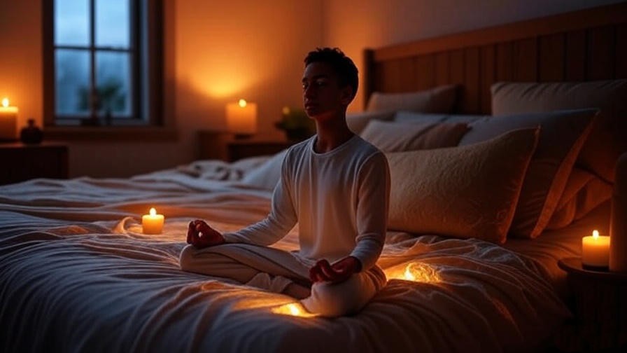 Person meditating in candlelit bedroom with Holy Spirit glow for sleep meditation