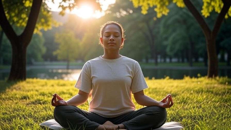 Person meditating in a park visualizing warm light with a serene lake.