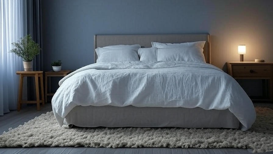 Serene bedroom with Sherwin Williams Meditative walls, white linen bed, wooden nightstand, and potted plant.