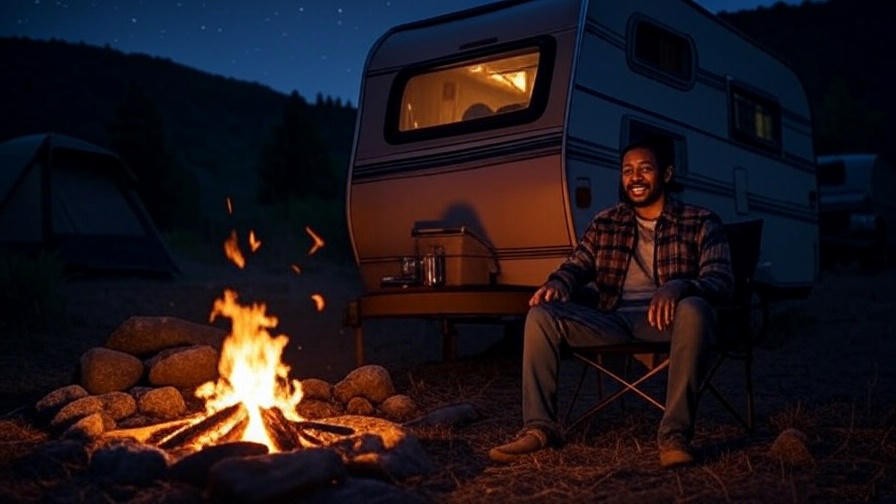 Camper smiling by campfire at Meditation Point Campground under starry sky.