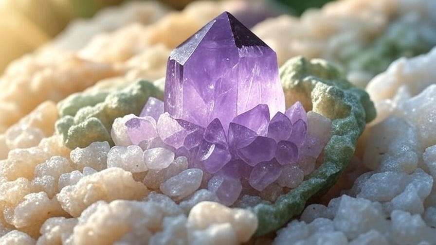 Vibrant purple amethyst crystal on quartz bed, bathed in soft sunlight, promoting meditation peace. 