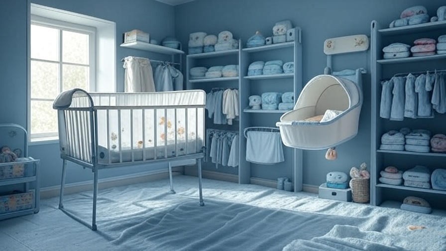  Small co-sleeping bedroom with wall-mounted bassinet and organized shelves for space efficiency.