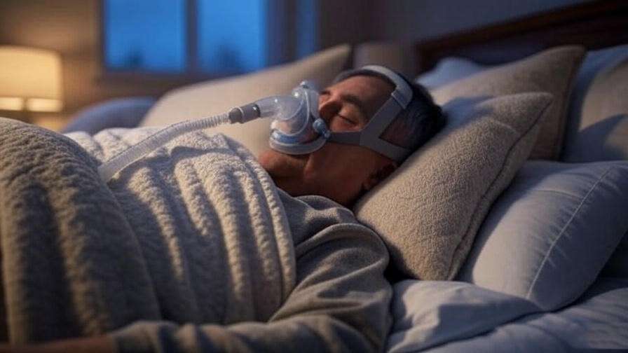 Veteran using CPAP machine for sleep apnea treatment in a calm bedroom.