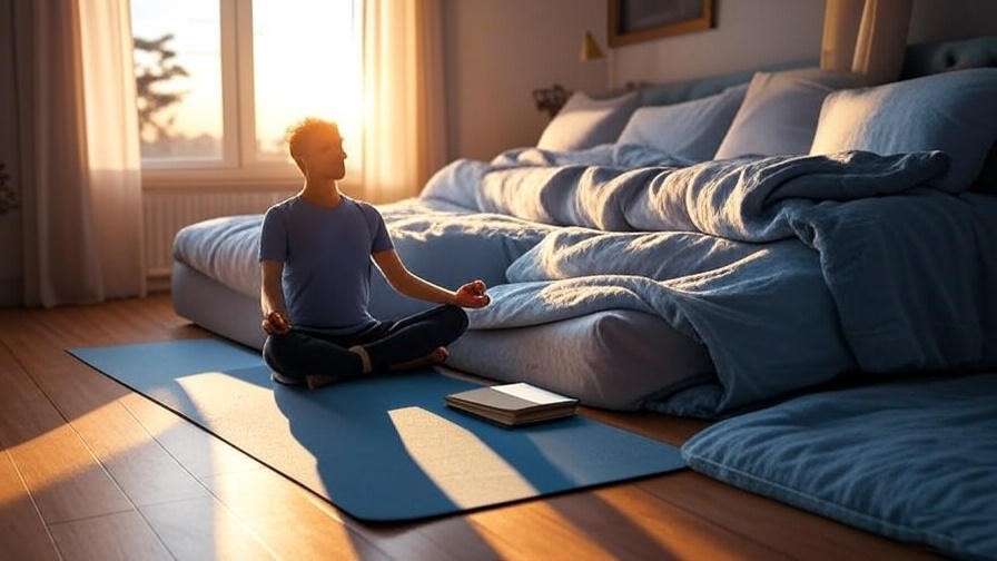 Person following a daily wellness routine with meditation, journaling, and relaxation setup.