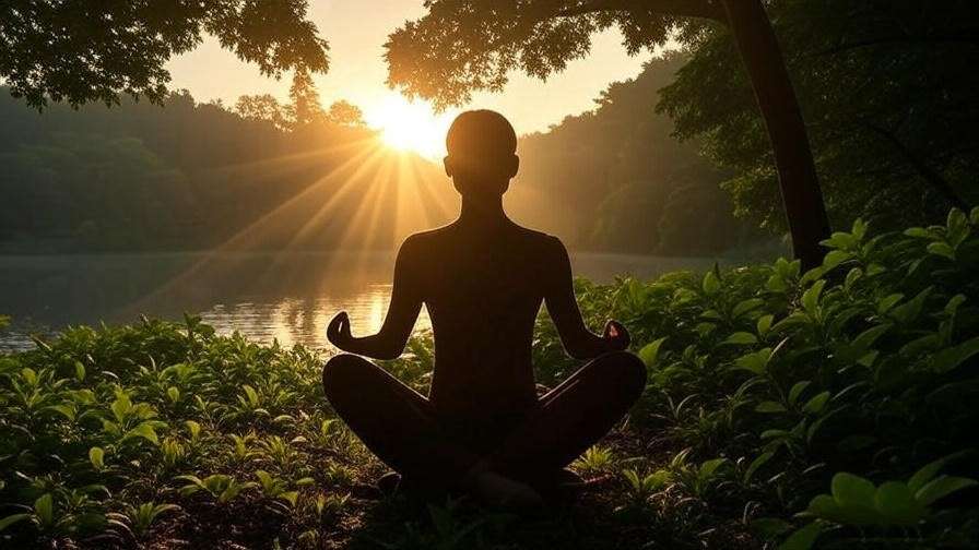 Silhouette of person meditating at sunrise by a lake, symbolizing Shri Mataji Nirmala Devi's spiritual teachings.