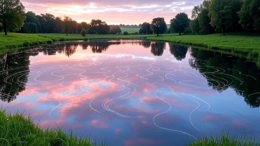 Serene lake at dawn with brainwave patterns symbolizing meditation relaxation