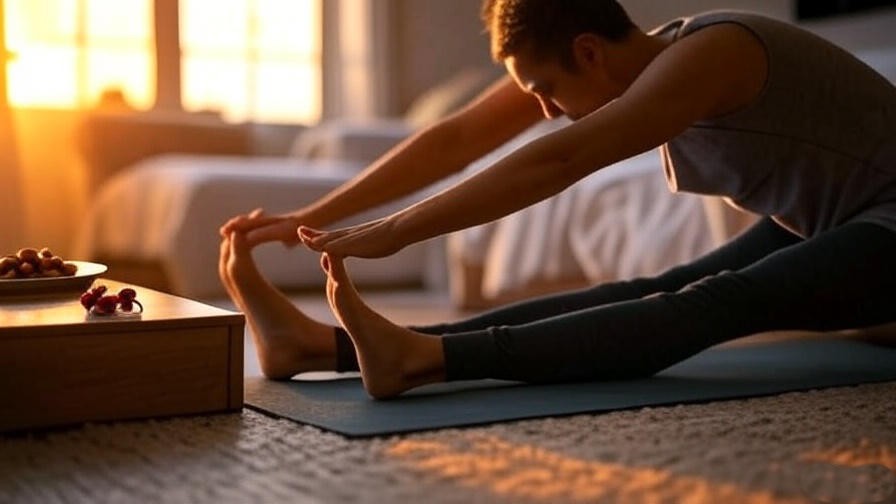 Person stretching on yoga mat with healthy snacks in a cozy bedroom at dusk