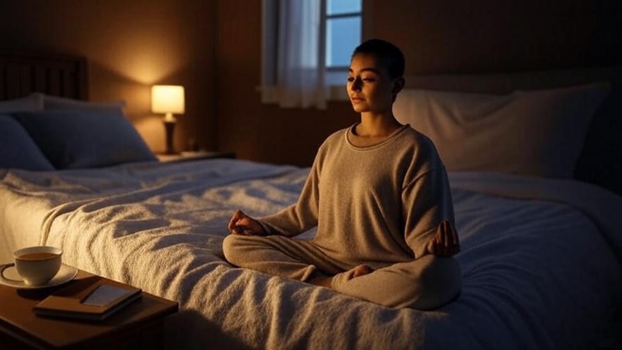 Person meditating in a cozy bedroom with chamomile tea and journal at night.