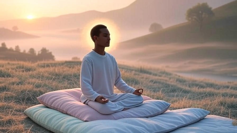 Person meditating in a misty dreamlike landscape symbolizing mindfulness and dream work.