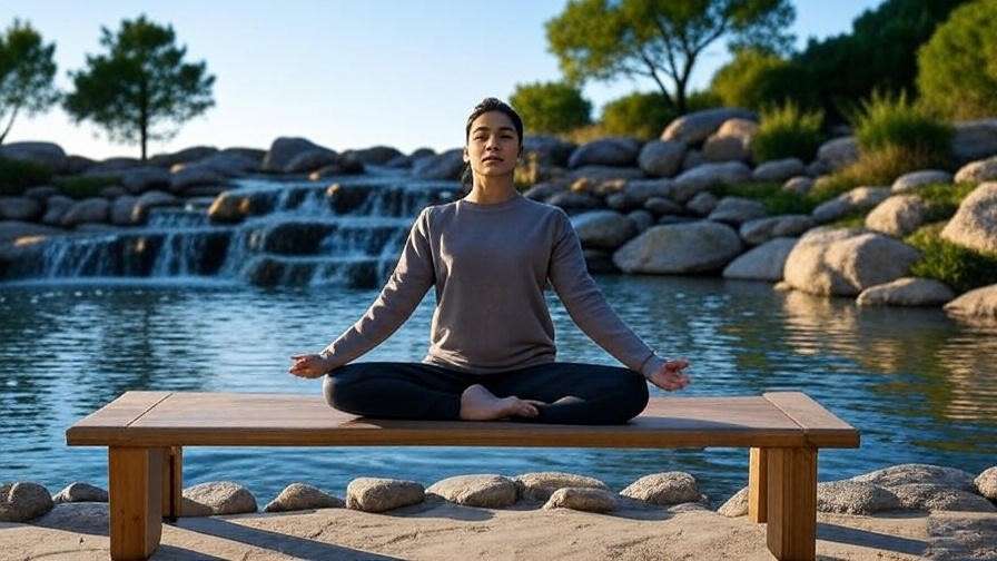 Person doing yoga on Still Sitting Seiza bench with a water feature background