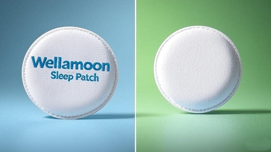 Split-screen comparison of Wellamoon Sleep Patch and oral melatonin pill with blue-green gradient