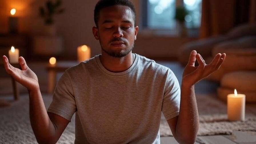 Person meditating indoors with hands open and candlelight, ideal for Shri Mataji Nirmala Devi self-realization practice.