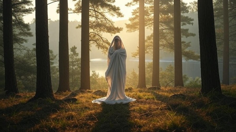 Serene forest with figure in white cloth symbolizing dream nudity and freedom