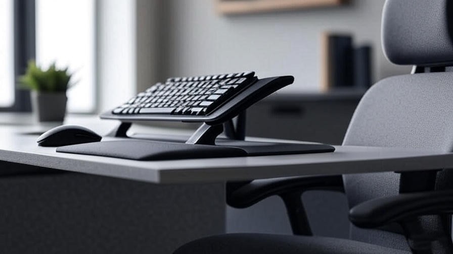 Ergonomic workspace with keyboard, mouse, and wrist rest for carpal tunnel prevention.