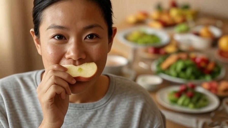 Person practicing mindful eating with an apple slice at Medit Bistro, calm and serene setting.