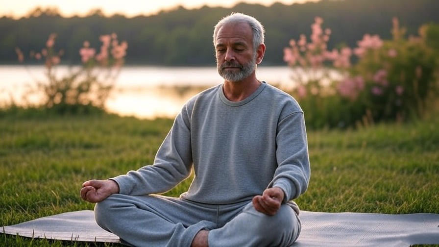 Veteran meditating outdoors at sunrise near a calm lake for sleep apnea relief